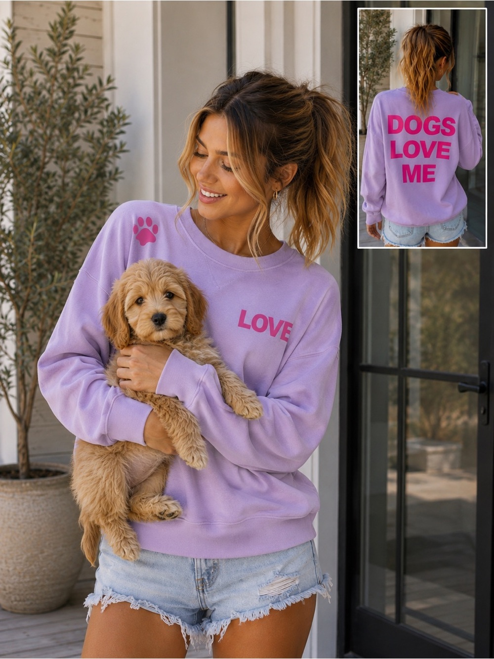 Sz L Wildfox Lavender “Dogs Love Me” Graphic Crewneck Sweatshirt NWT $108 MSRP